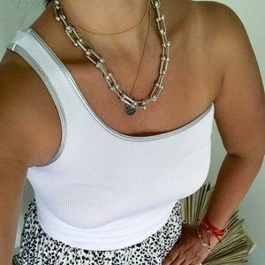 Womens White and Silver Ribbed Tank Top